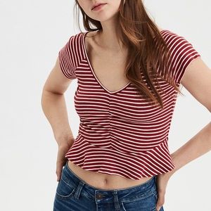 ae stripped cinched front peplum vneck tee
